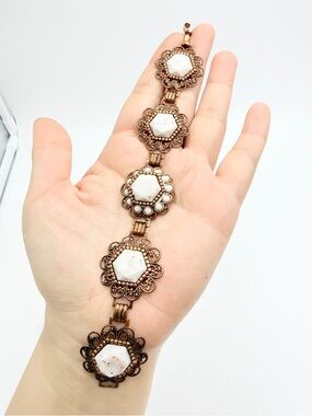 Mid Century Copper Confetti Glass Link Bracelet Floral Filigree